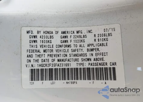 2015 Honda Accord Lx из США, поврежденный, VIN 1HGCR2F35FA231691